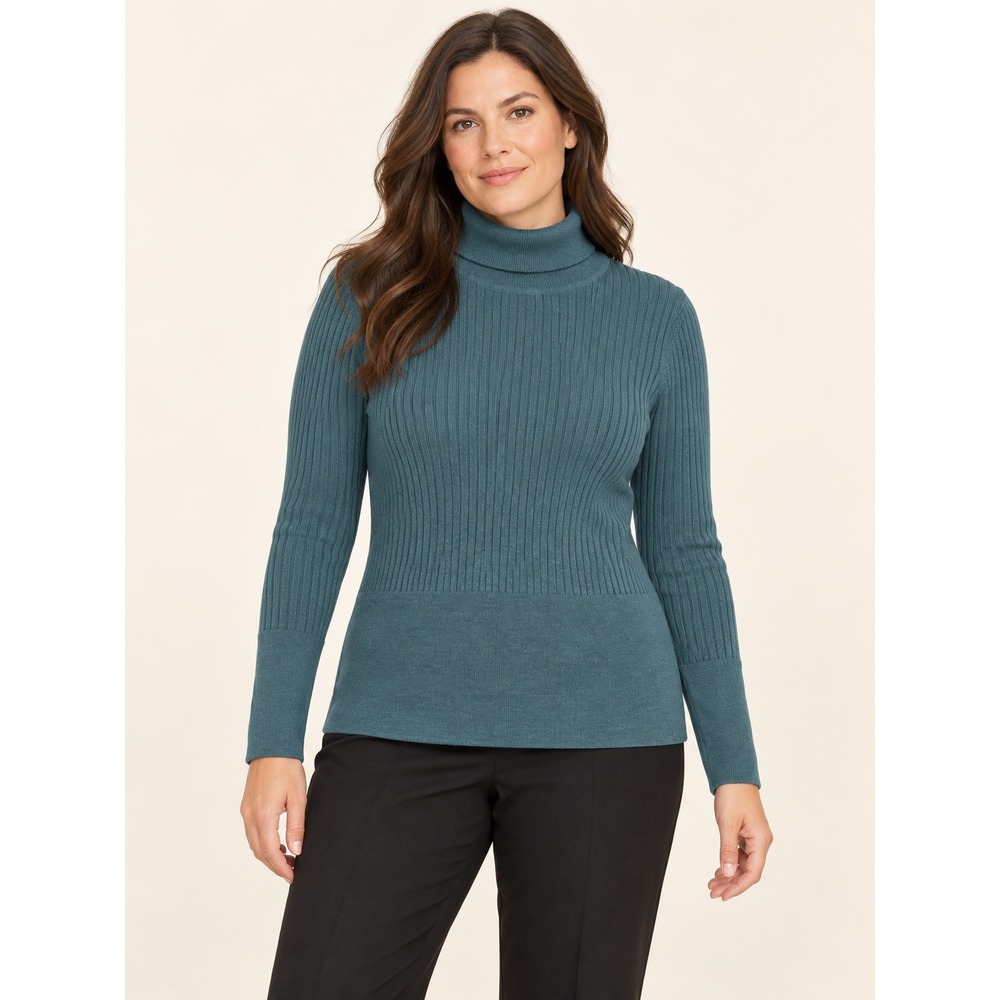 H Halston Turtleneck Sweater Large Teal 100% Merino Wool NWT